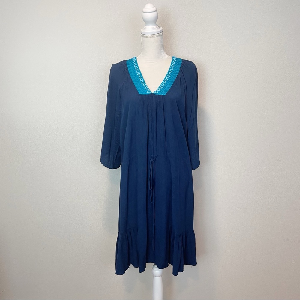 Hale Bob Beaded Wide Sleeve Tiered V Neck Dress in Blue Gauze Size Medium